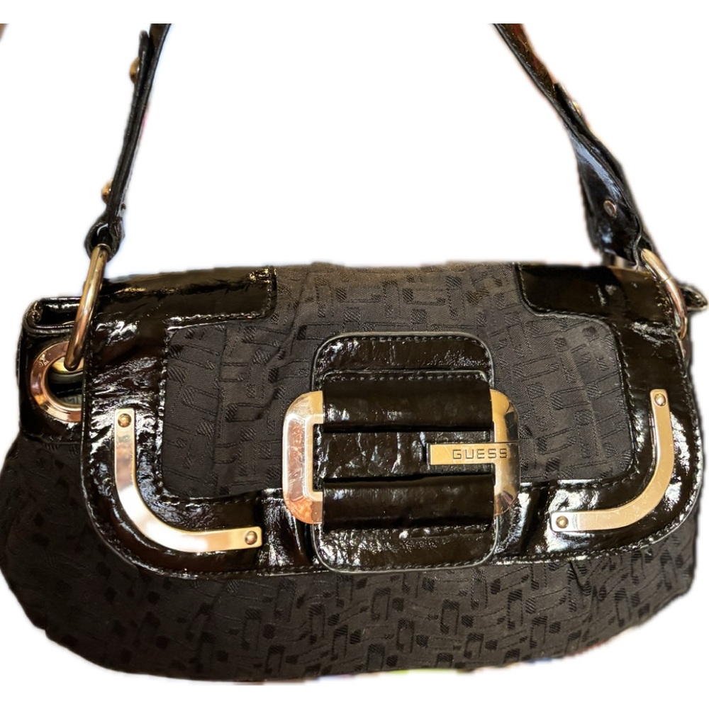 Guess Black Faux-Patent Leather and Fabric Shoulder Bag early 2000’s